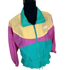 Vintage 1980s Avia Color Block Womens Windbreaker Track Nylon Jacket Medium Pink